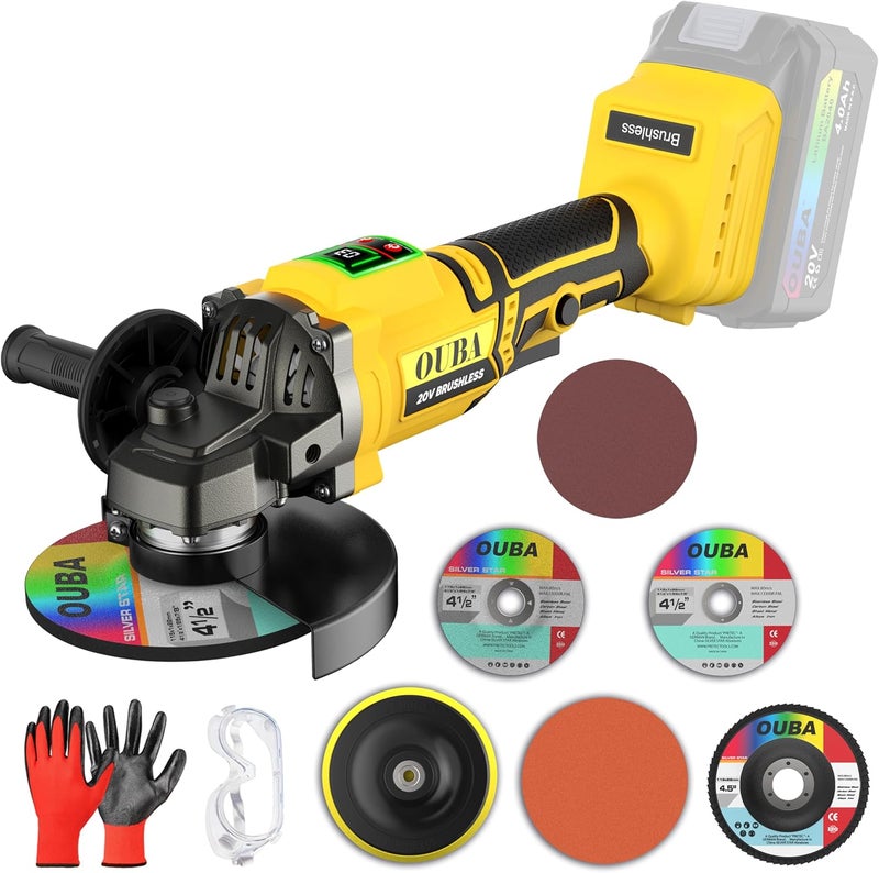 OUBA Cordless Angle Grinder Power Tools, Compatible with Dewalt 20V Max Battery Grinder Tool, Brushless Motor with LED, 3 Variable Speed, 4-1/2" Cutting Whee, Flap Disc Grinding (No Battery), Yellow - Image 1